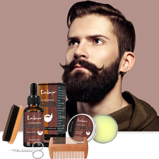 5pcs/Set Beard Growth Kit Sandalwood Scent Beard Balm Oil Moisturizing Styling Trim Care Conditioner For Men